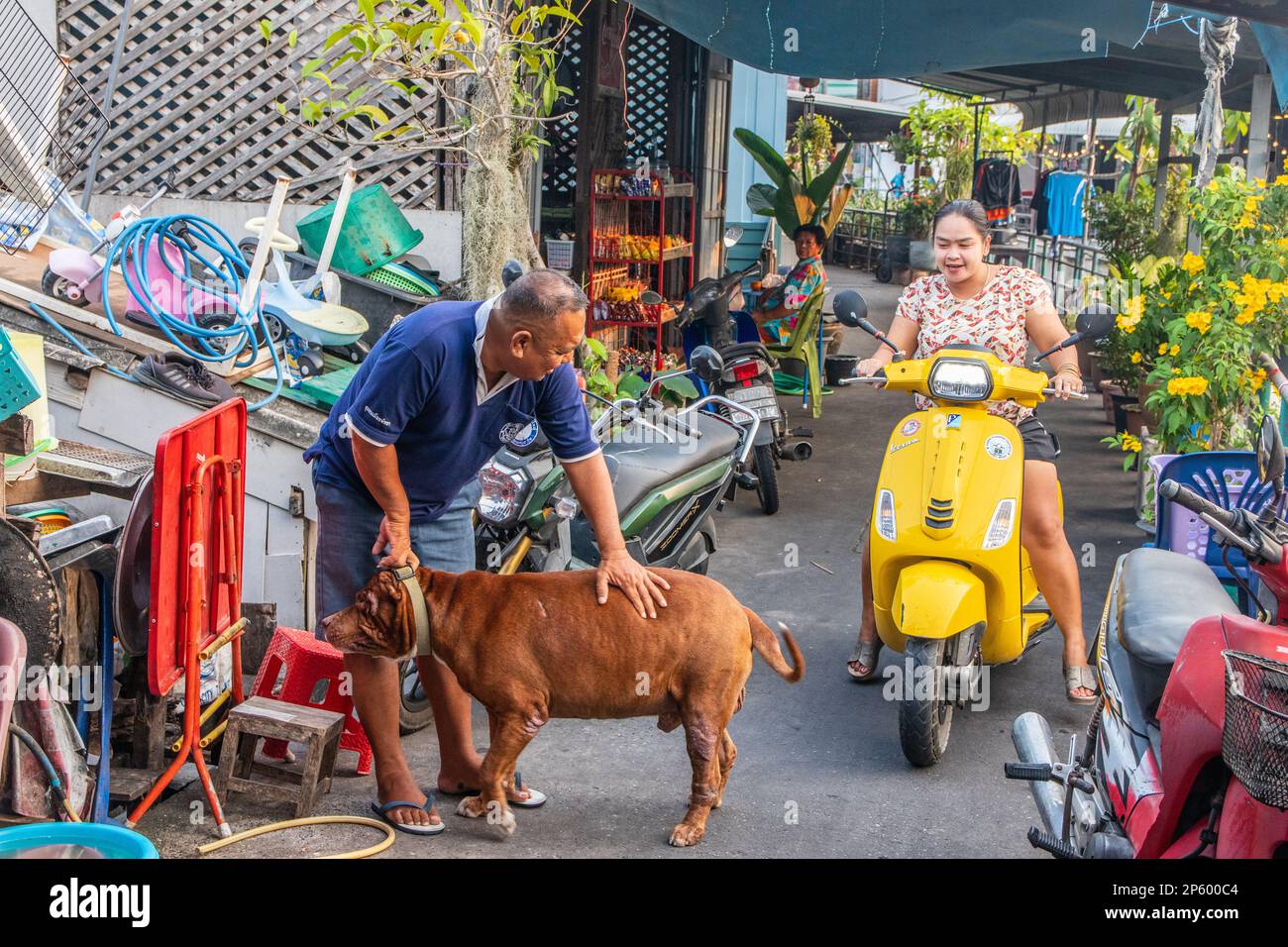 Several Thai people with a dog and a motorbike on a narrow path in a housing estate fvThaiand Asia Stock Photo