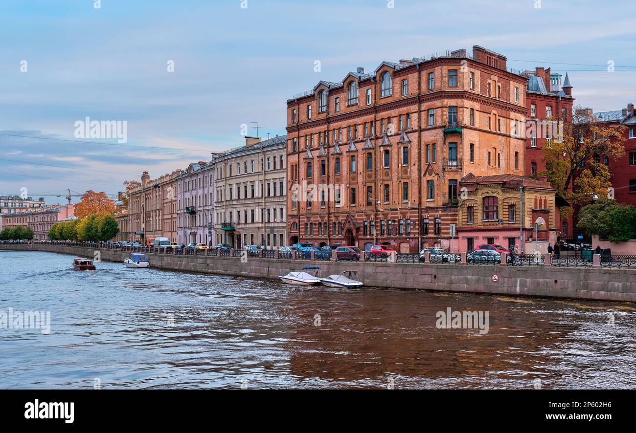 Evening view on Moika river embankment, former own house V.A. Schroeter or house with bay windows, 1897-1899, monument of architecture: St.Petersburg, Stock Photo