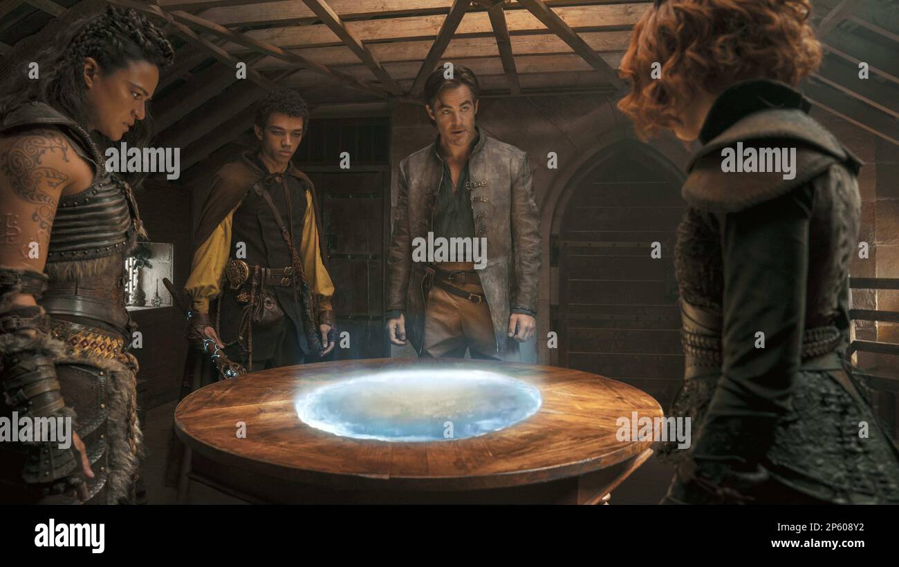 Dungeons & Dragons  Honor Among Thieves   Michelle Rodriguez, Justice Smith, Chris Pine & Sophia Lillis Stock Photo