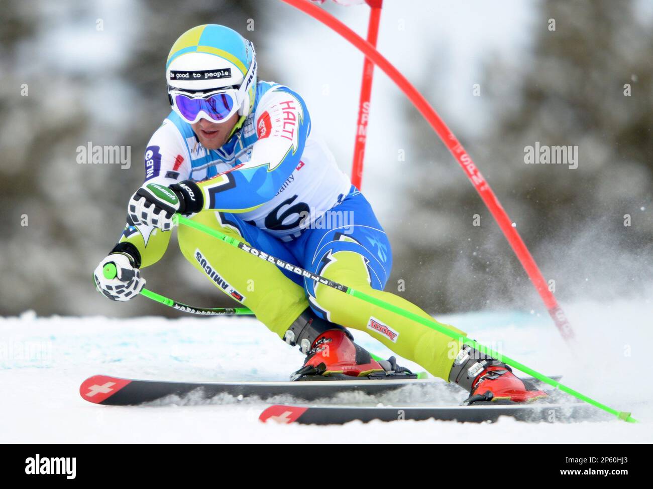 Rok Perko of Slovenia, races down the hill during the first training run at the men's World Cup downhill ski race in Lake Louise, Alberta, Wednesday, Nov. 21, 2012. (AP Photo/The Canadian Press, Jonathan Hayward) Stock Photo