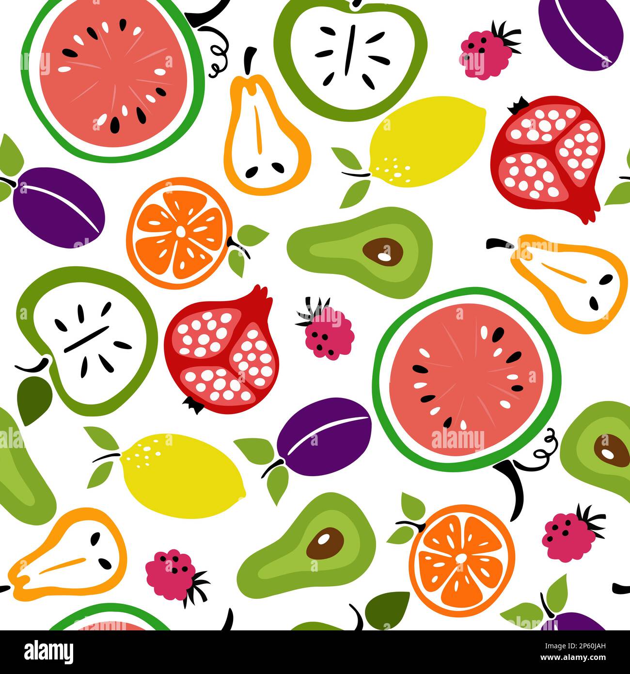 Different fruits collection, isolated on white. Seamless summer pattern Stock Vector