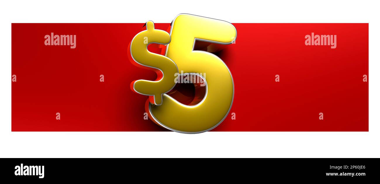 Price tag 5 dollar gold 3D illustration on white background have work path. Advertising signs. Product design. Product sales. Stock Photo
