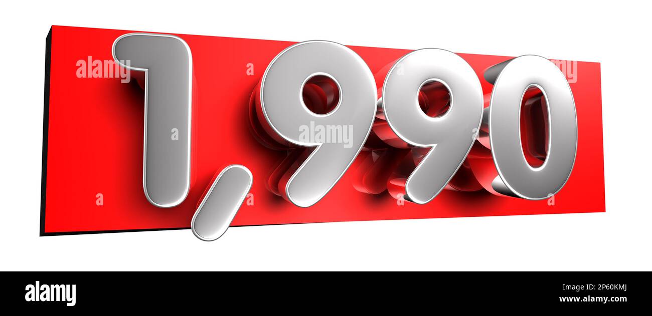 White number 1990 over a red text box 3D illustration on white background have work path. Advertising signs. Product design. Product sales. Stock Photo