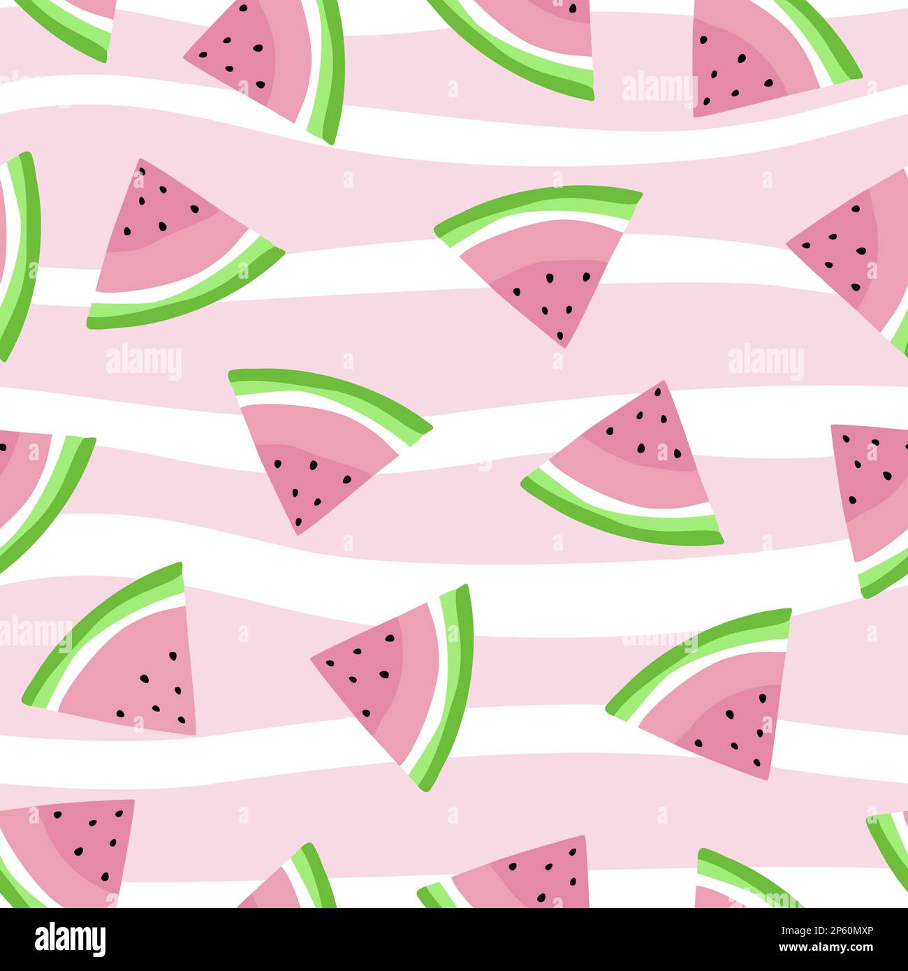 Watermelon Seamless Pattern Vector illustration, watermelon slices on pink and white stripes background. Stock Vector