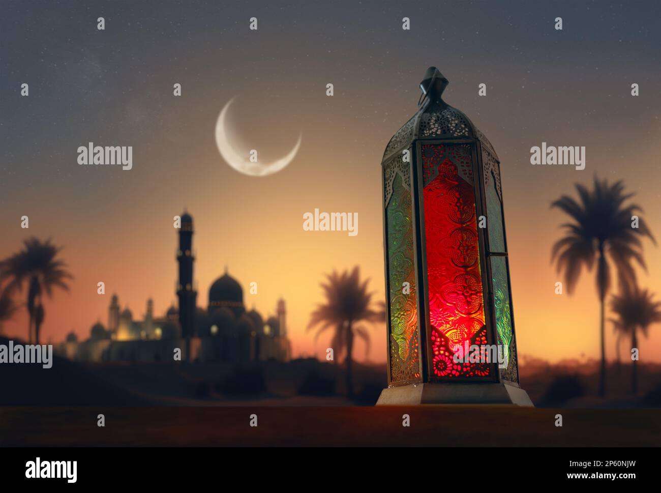 Ornamental Arabic lantern with burning candle glowing at night mosque ...