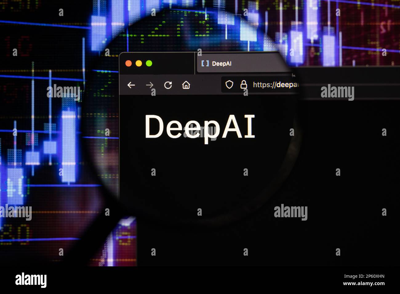 Deepai company logo on a website with blurry stock market developments in the background, seen on a computer screen through a magnifying glass Stock Photo