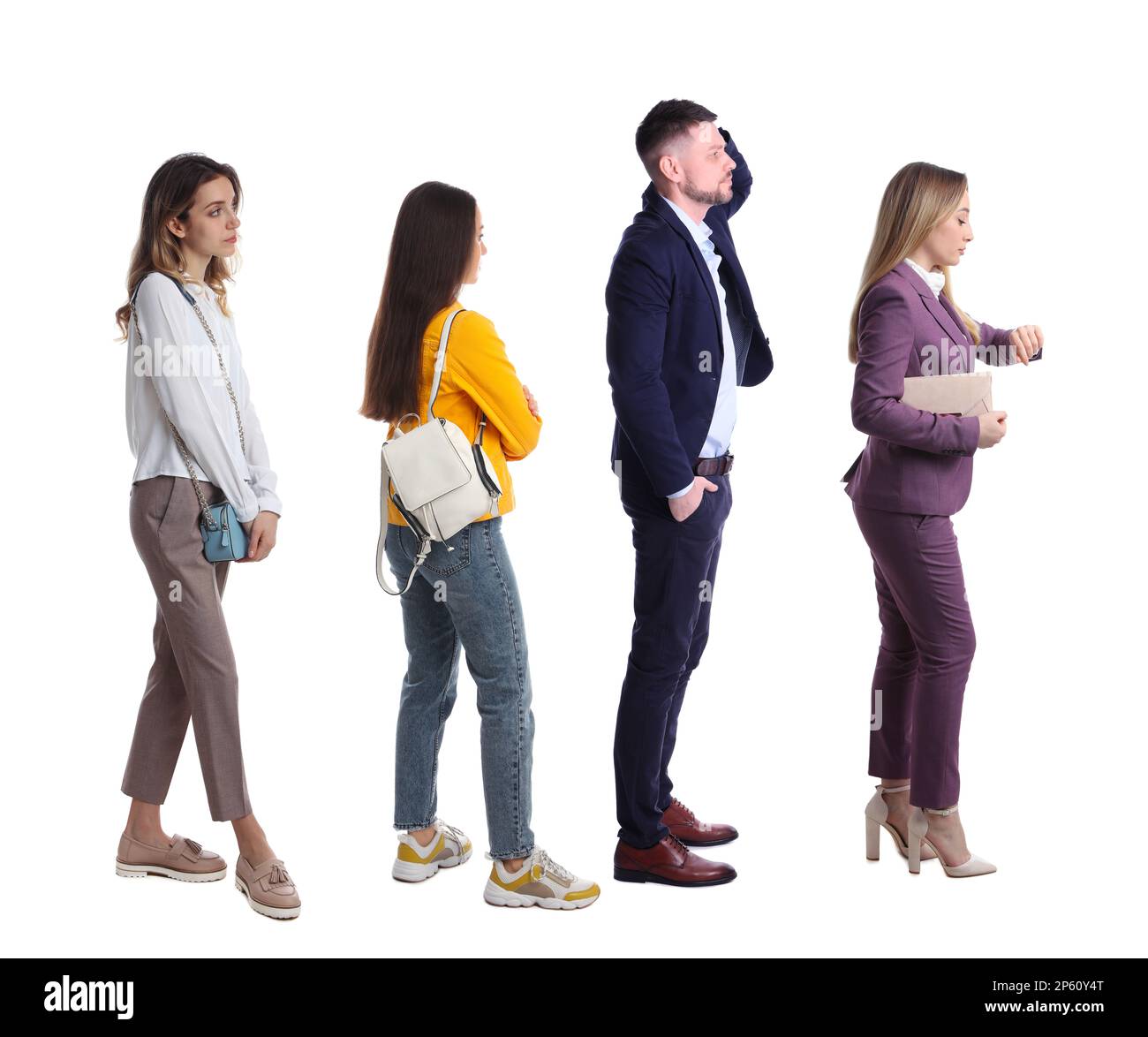 People waiting in queue on white background Stock Photo Alamy