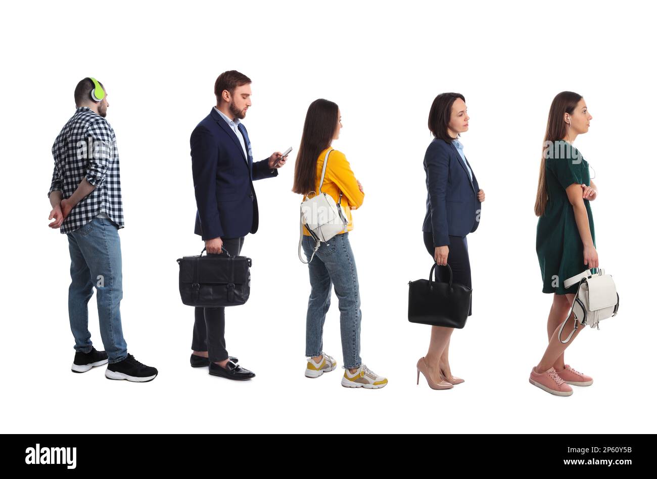 People waiting in queue on white background Stock Photo Alamy