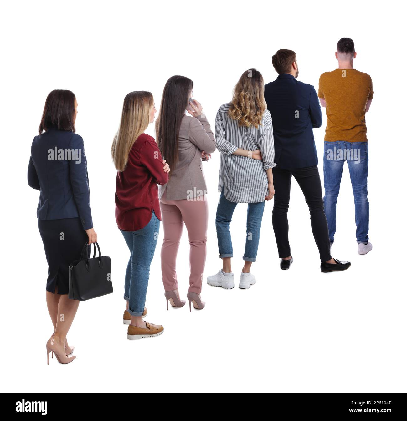 People waiting in queue on white background Stock Photo Alamy