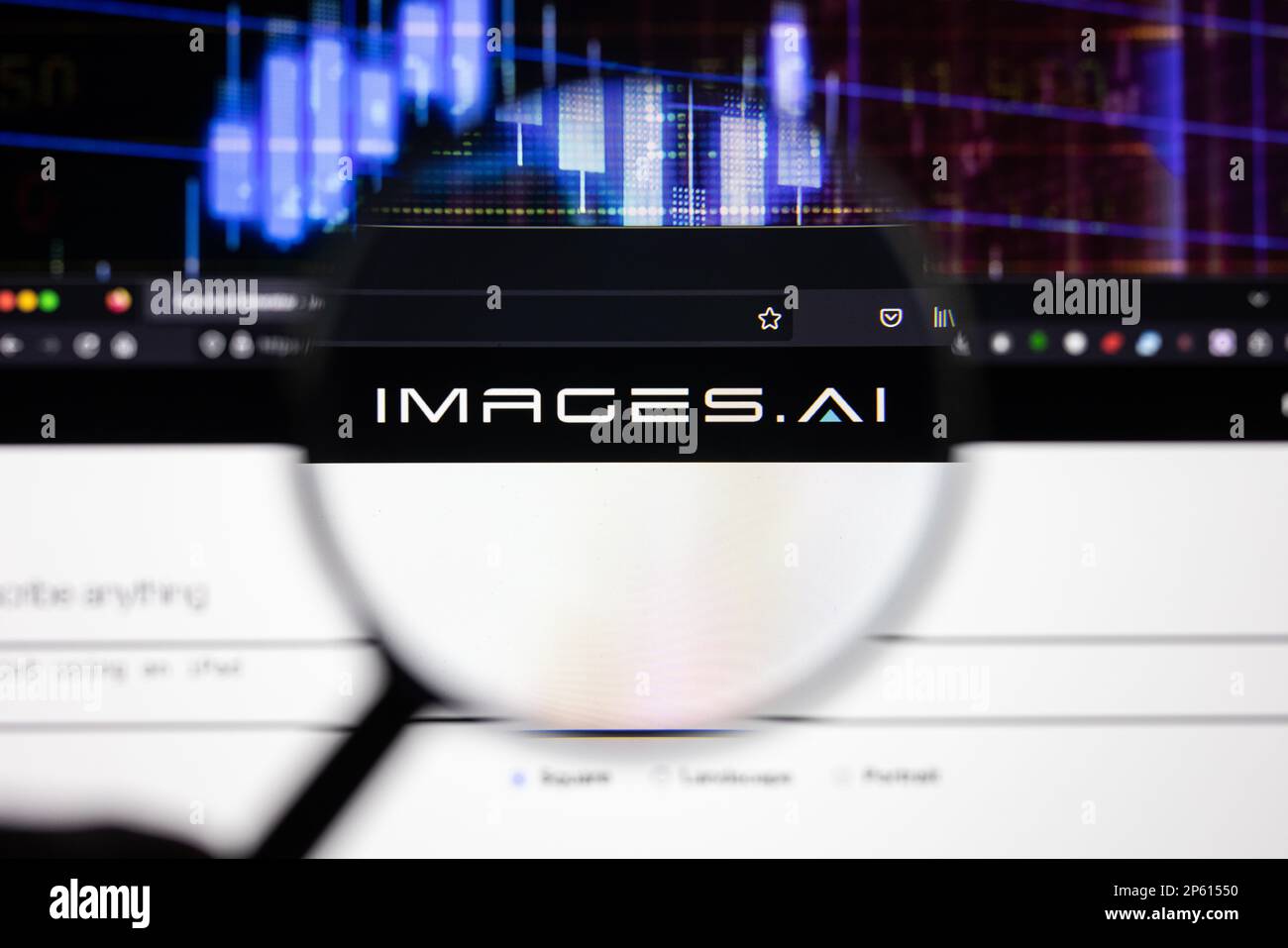 Images.Ai company logo on a website with blurry stock market developments in the background, seen on a computer screen through a magnifying glass Stock Photo