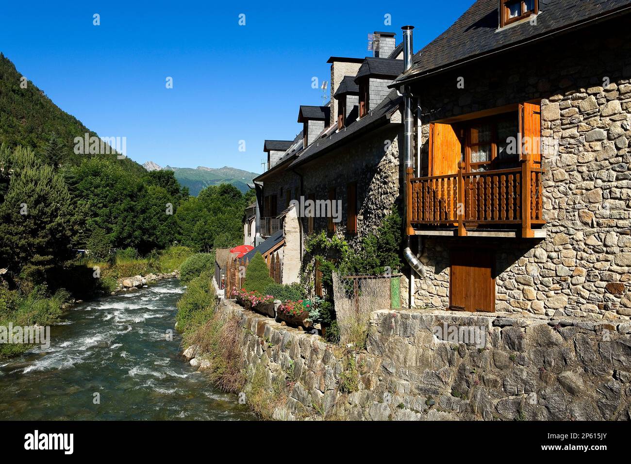 Arties village. Garona river,Aran Valley,Pyrenees, Lleida province, Catalonia, Spain. Stock Photo