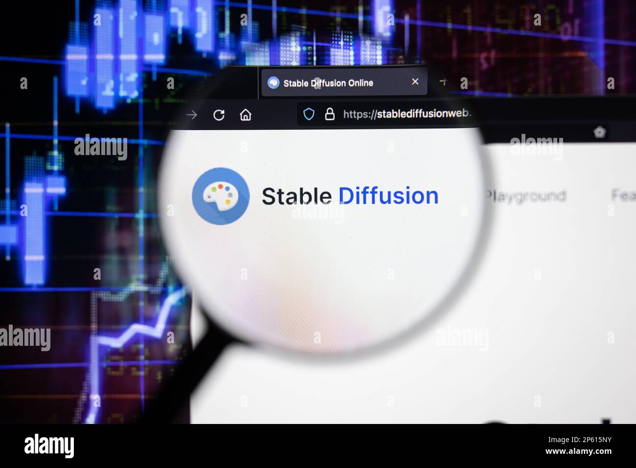 Stable Diffusion ai company logo on a website with blurry stock market developments in the background, seen on a screen through a magnifying glass Stock Photo