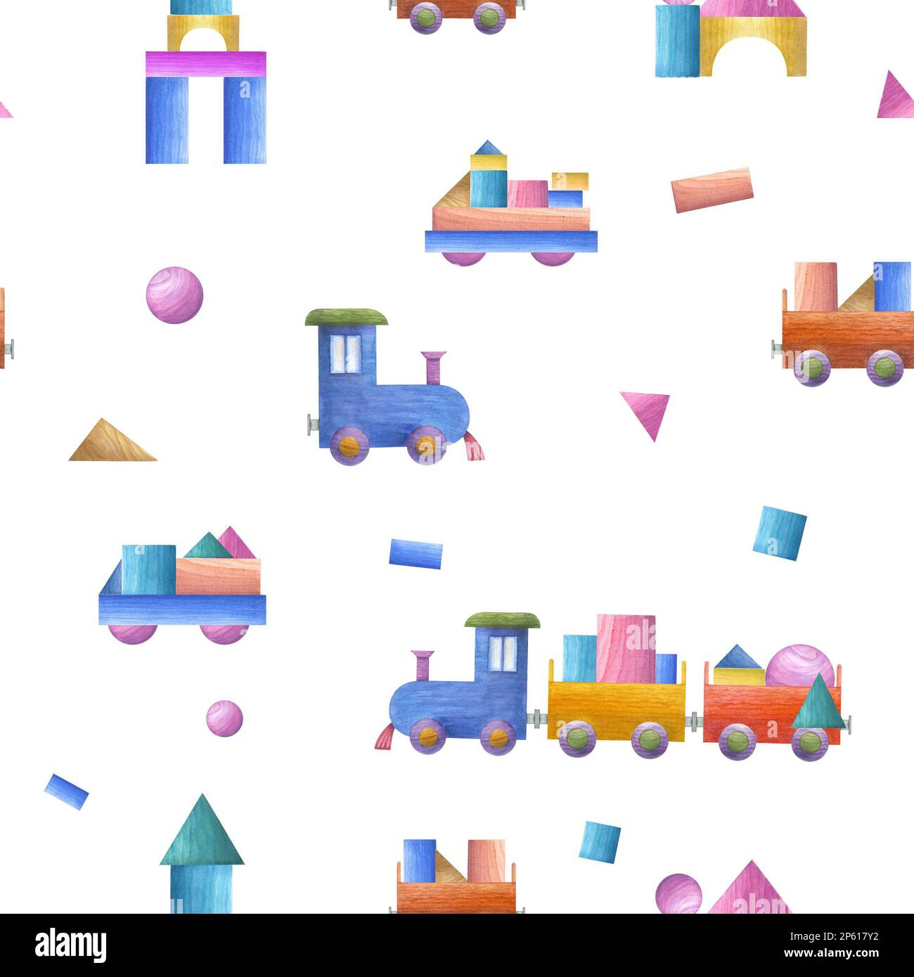 Watercolor seamless pattern of kid wooden toys - cars, trains - isolated on white background. Hand painted illustration for children print, poster Stock Photo