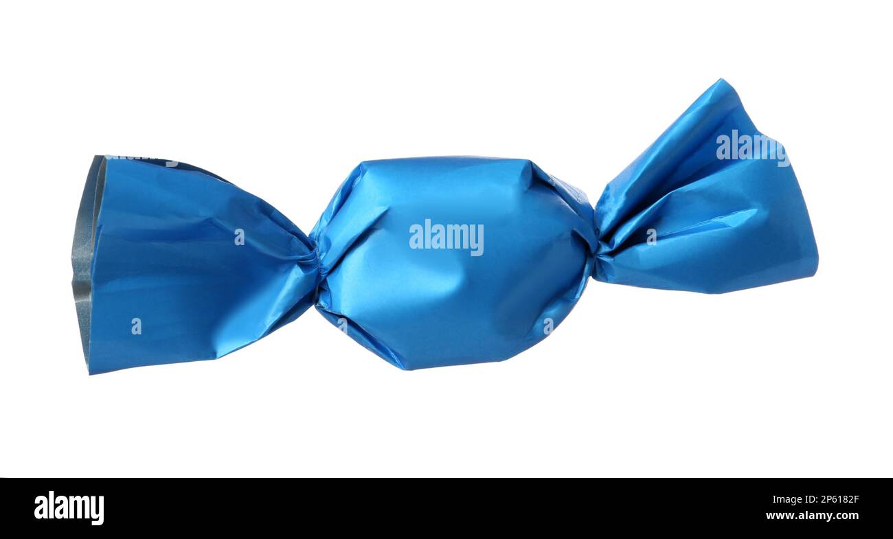 Delicious candy in light blue wrapper isolated on white Stock Photo Alamy