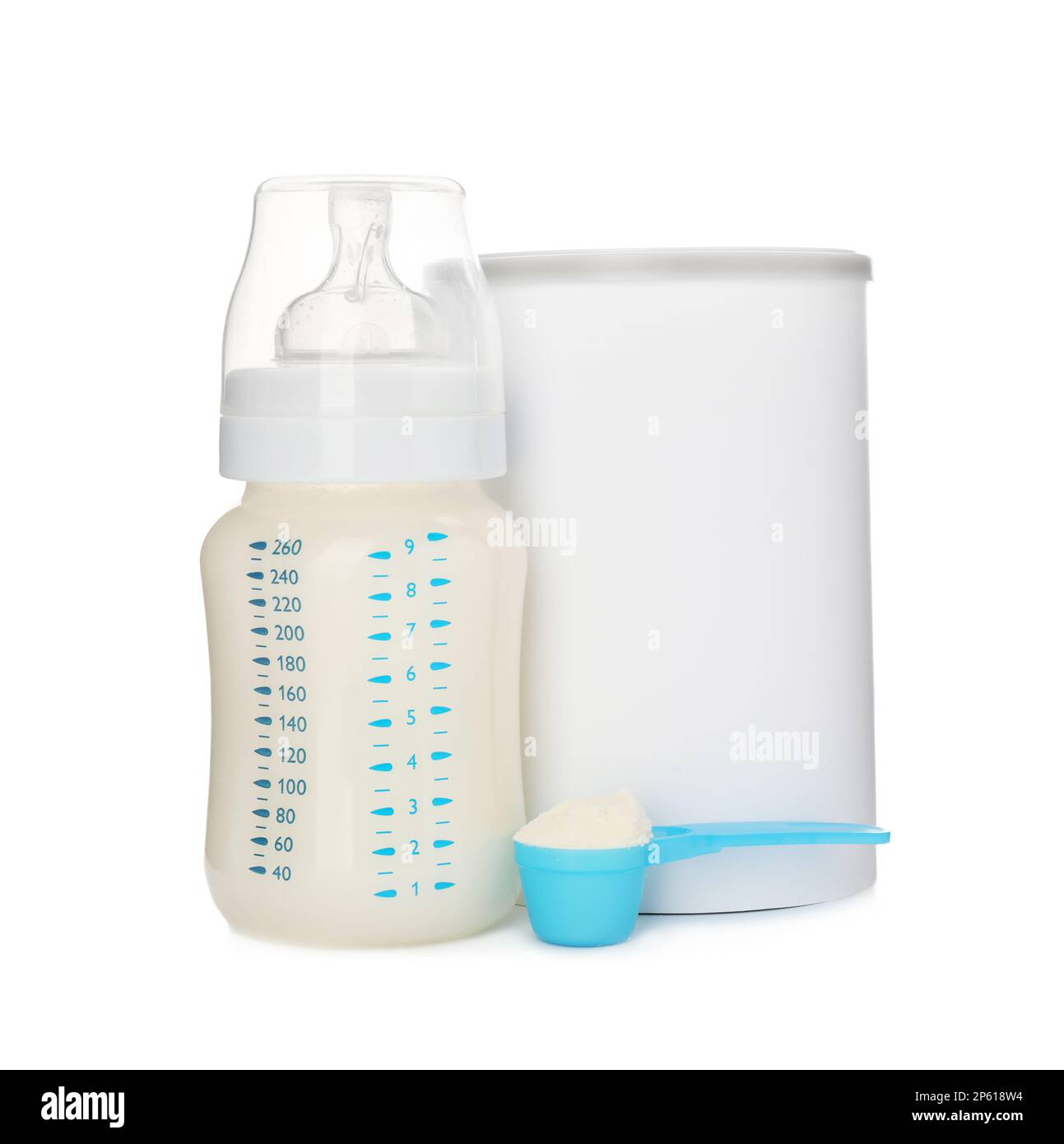 Blank can of powdered infant formula with feeding bottle and scoop on