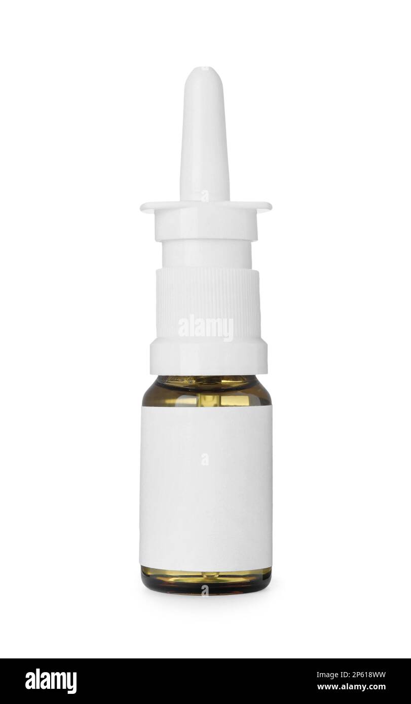 Bottle of nasal spray isolated on white Stock Photo