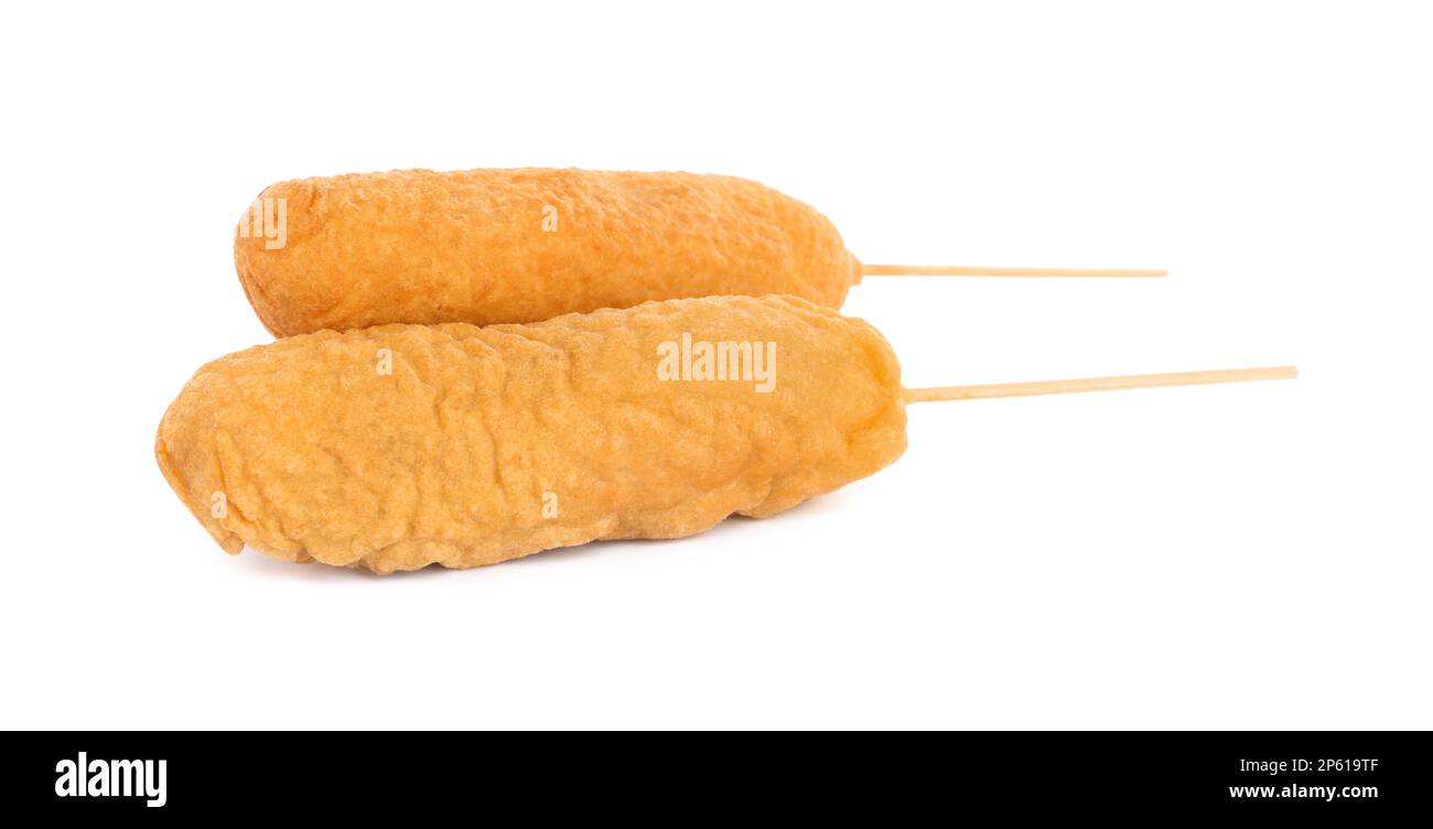 Delicious deep fried corn dogs isolated on white Stock Photo Alamy