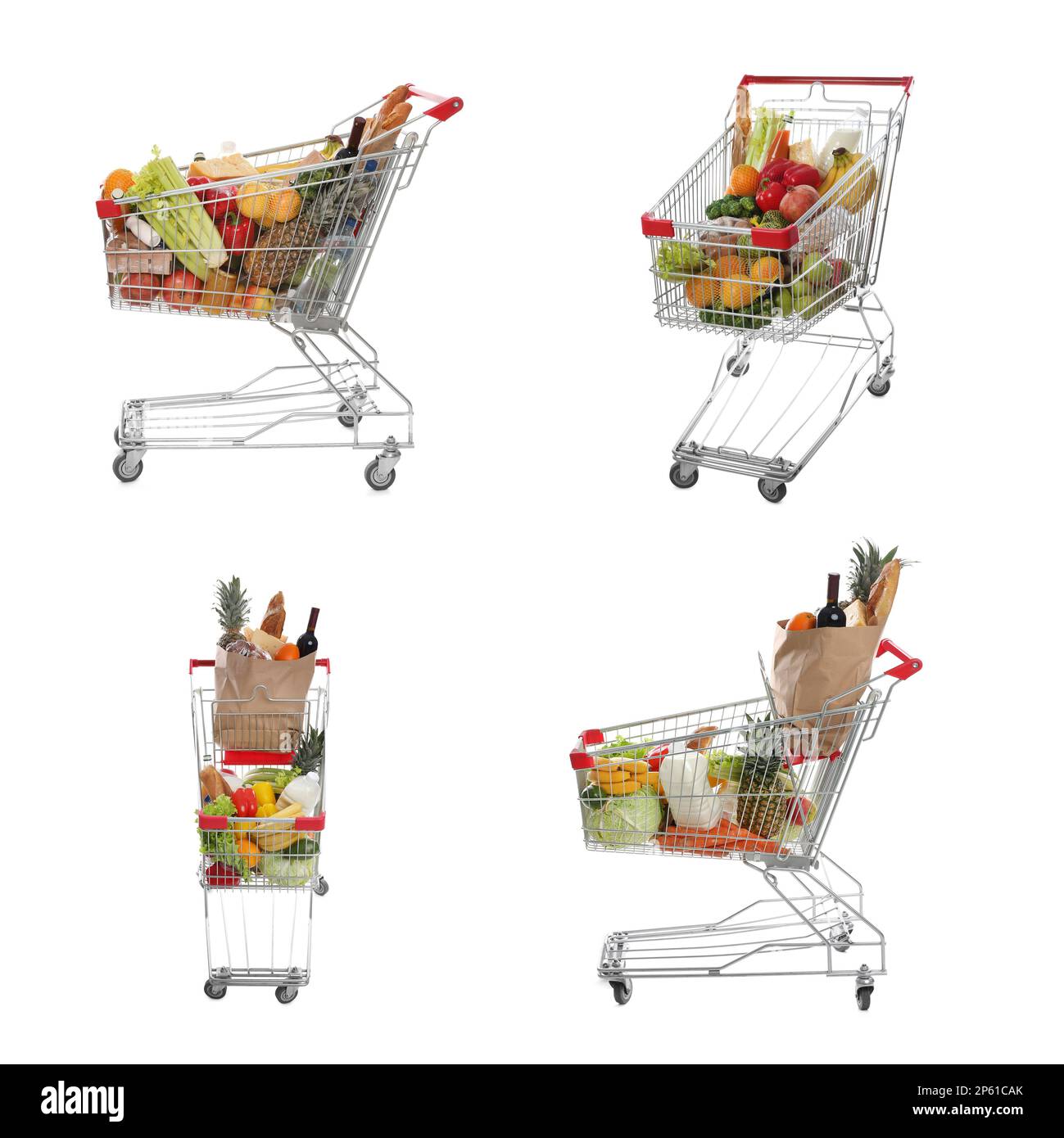 Set with shopping carts full of groceries on white background Stock Photo Alamy