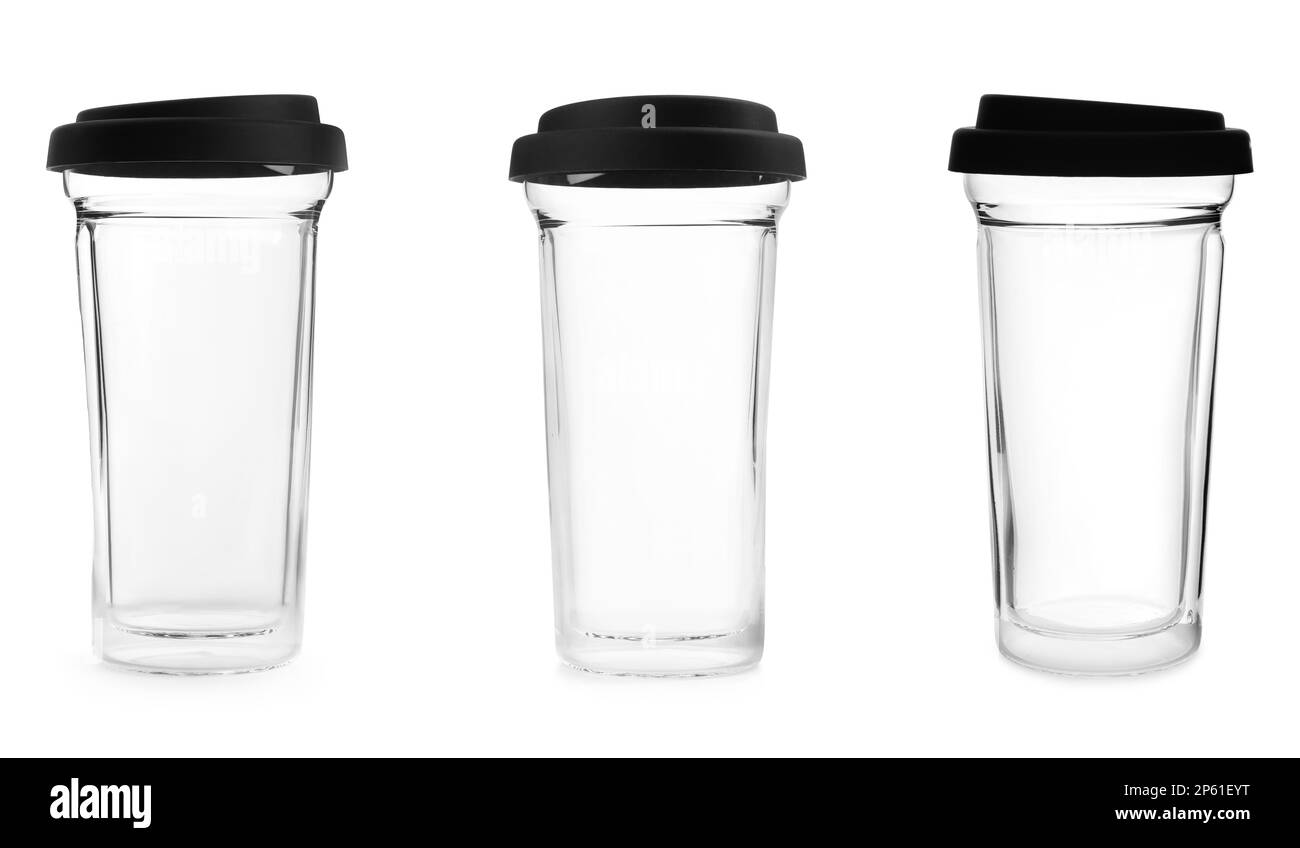 Set with reusable glass coffee cups on white background Stock Photo Alamy
