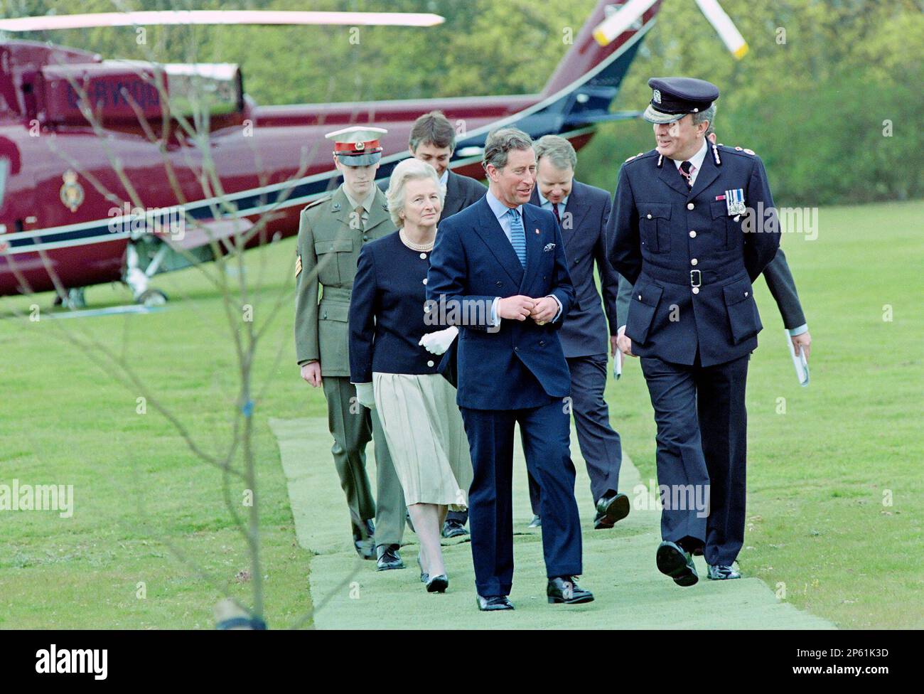 HRH Prince Charles arrives by helicopter on a Royal Visit to Hampshire where he was greeted by Chief Constable Sir John Hoddinott and Dame Mary Fagan Lord Lieutenant of Hampshire. Stock Photo