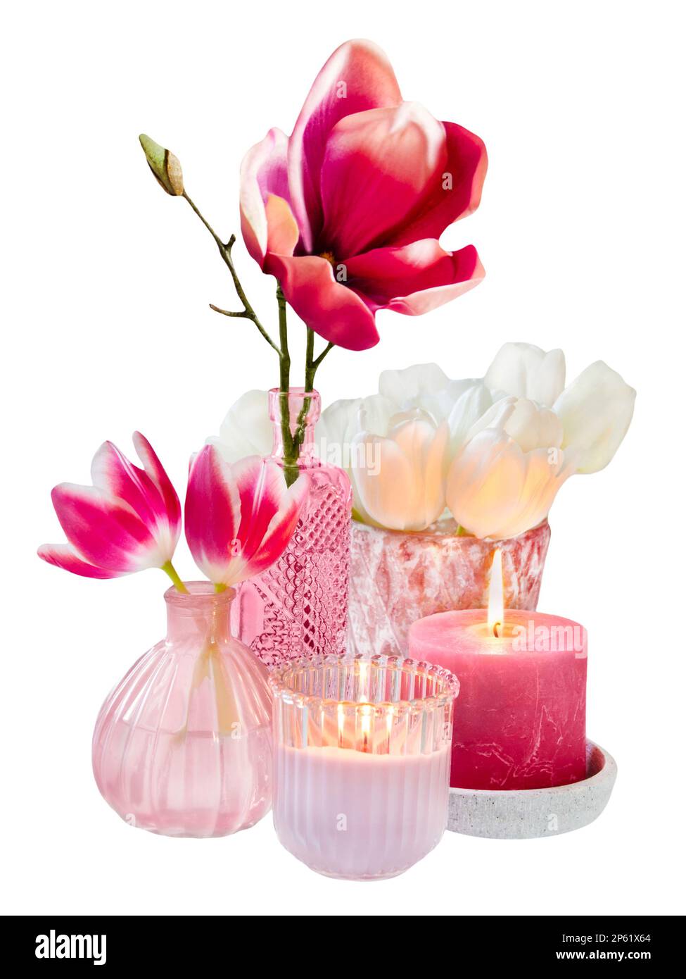 Springtime home decoraton with magnolia, tulips and candles isolated on white background Stock Photo