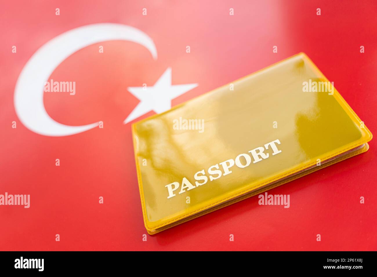Flag of turkey with passport. Travel visa and citizenship concept