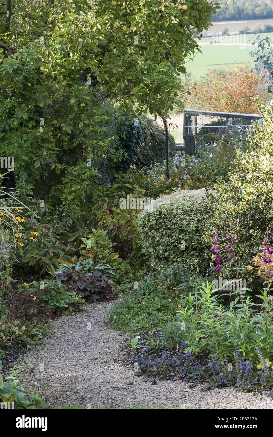 established garden border with gravel path and fields beyond country Stock Photo