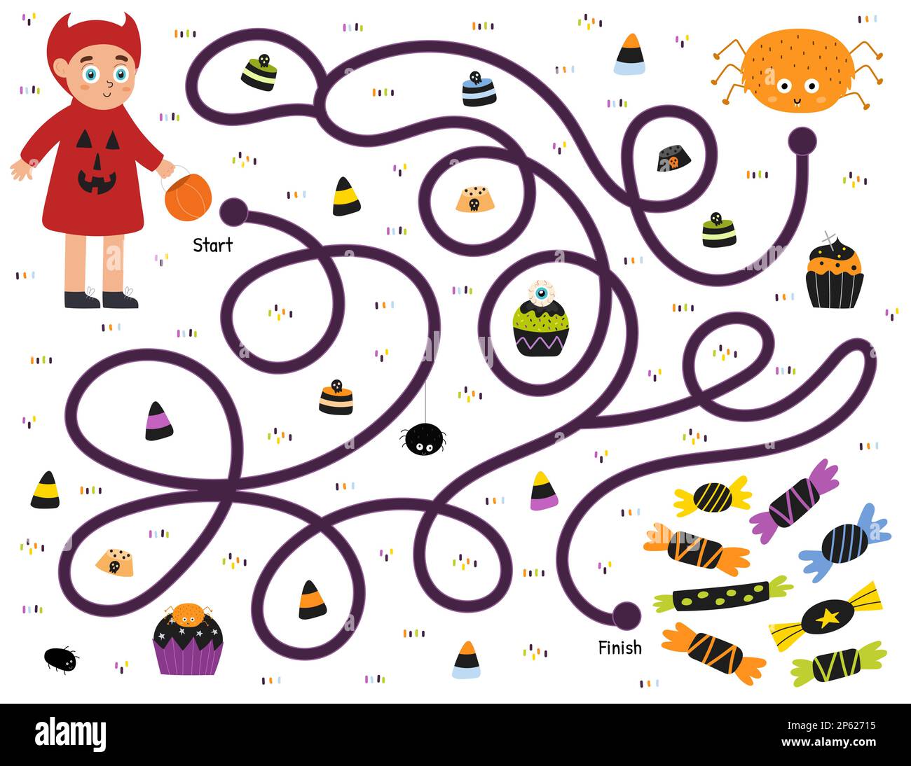 Trick or treat maze game for kids. Help a cute boy in devil costume find path to the sweets Stock Vector