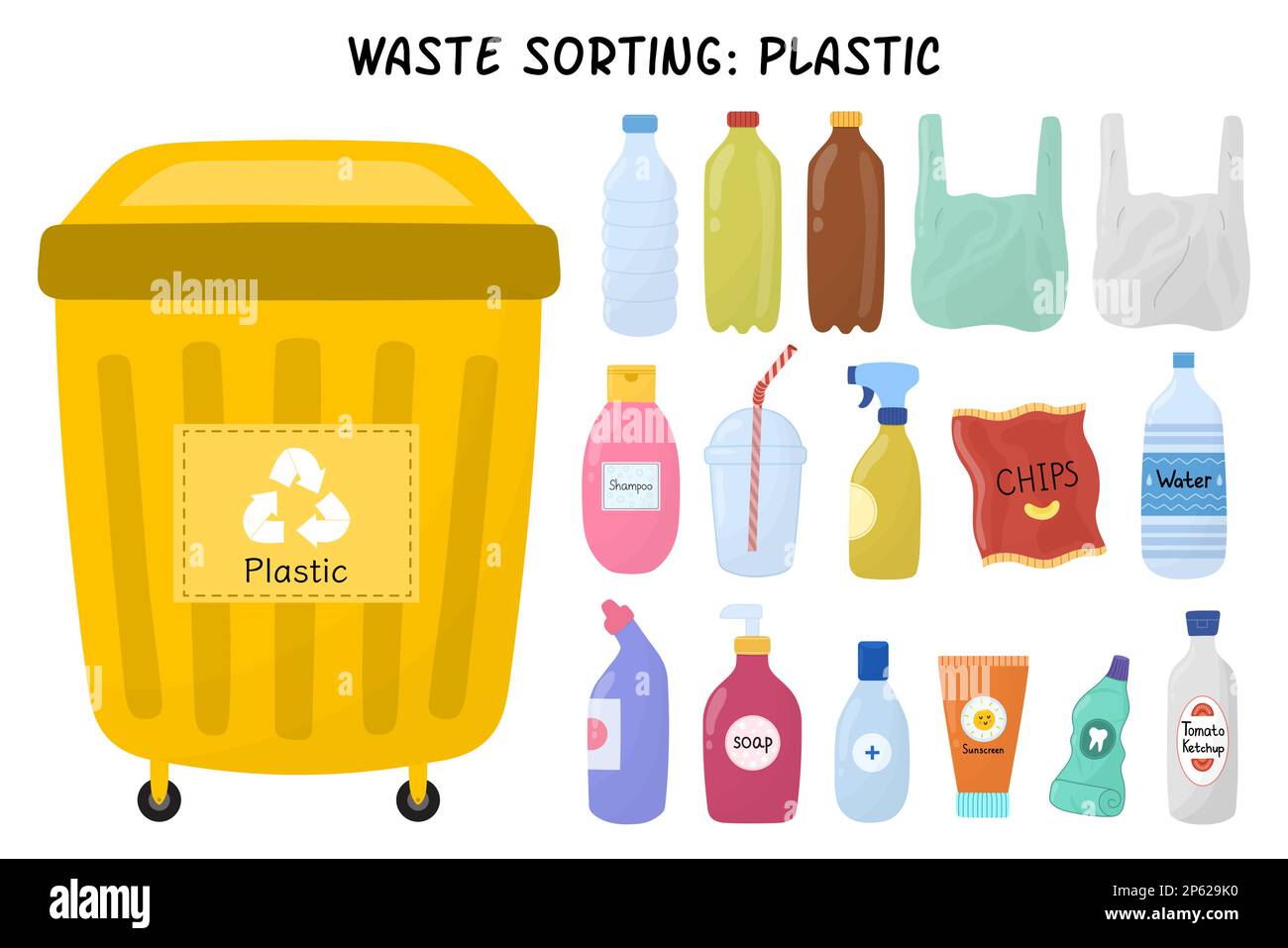 Plastic garbage sorting set. Yellow trash can for plastic waste with