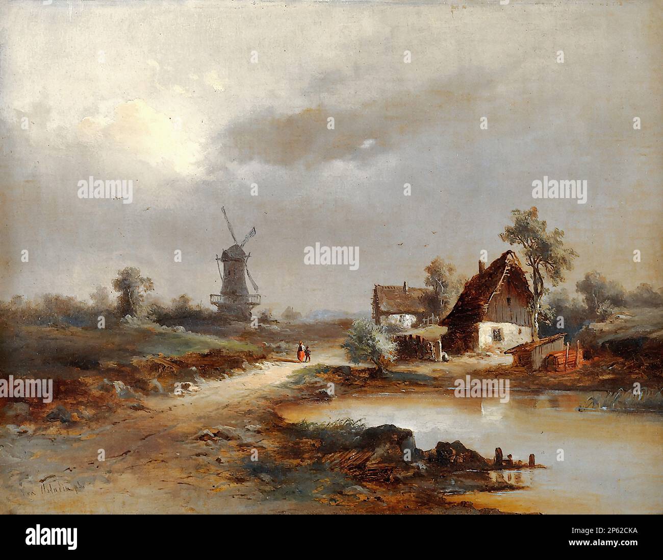 Астудин Николай фон - Sommerlandschaft Mit Landvolk Und Windmühle - Русская школа - XIX век - Astudin  Nikolai Von - Sommerlandschaft Mit Landvolk Und Windmühle - Russian School - 19th  Century Stock Photo