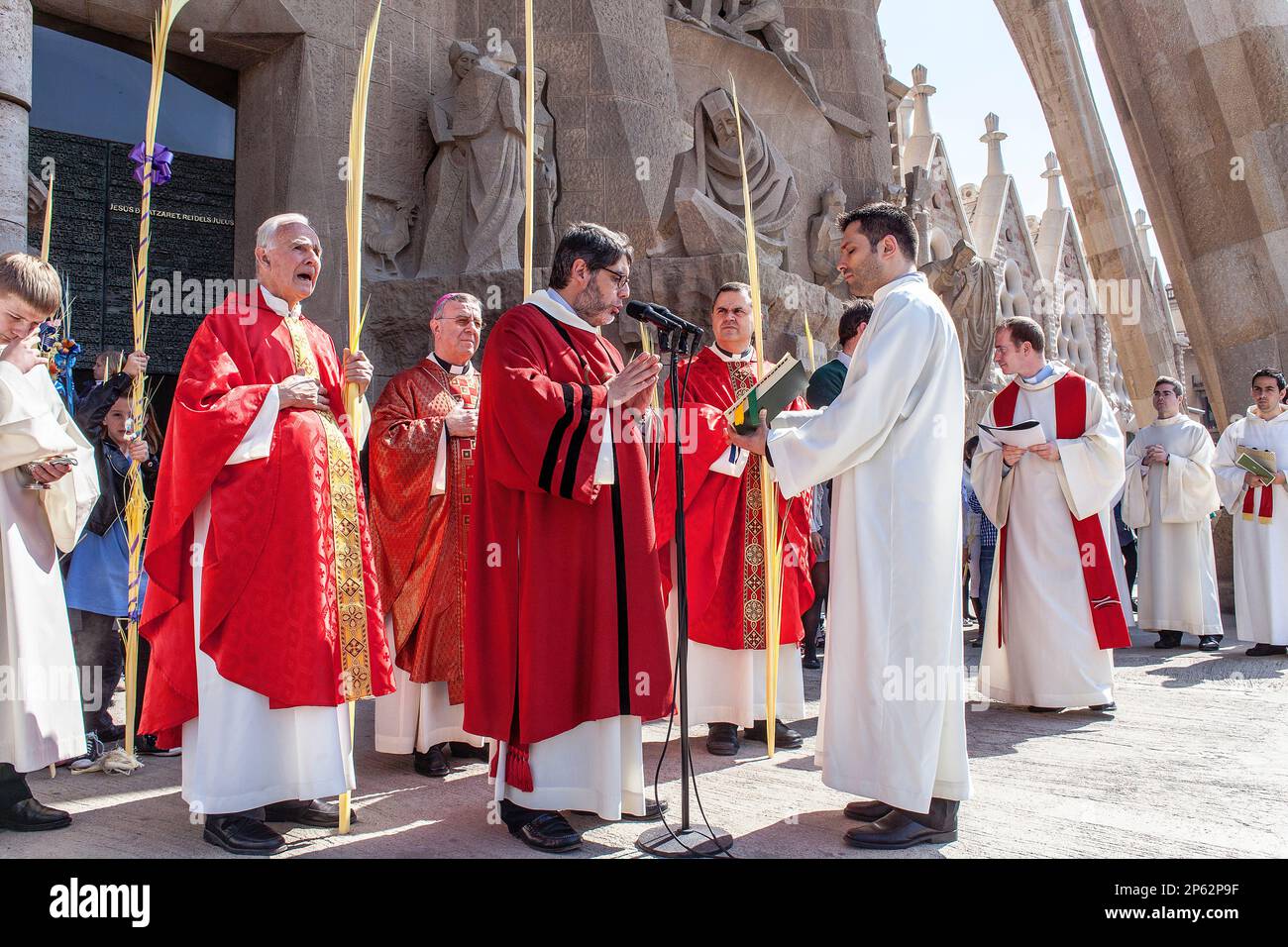 mass of Palm Sunday.Passion facade,exterior of Basilica Sagrada Familia