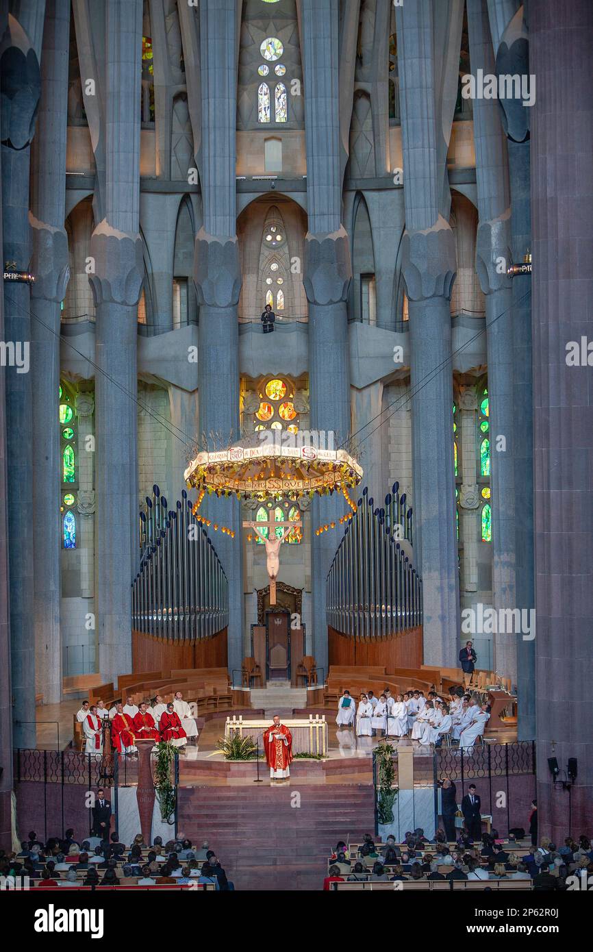 Mass,Interior of Basilica Sagrada Familia,altar and apse, Barcelona, Catalonia, Spain Stock Photo
