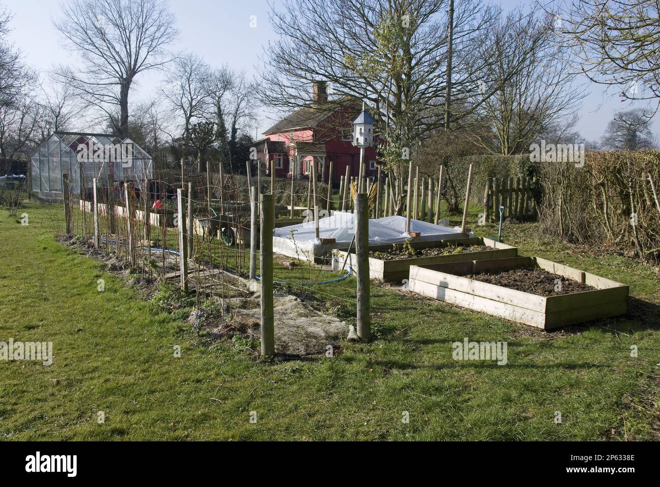 raised beds newly dug waiting to be planted in winter garden with white