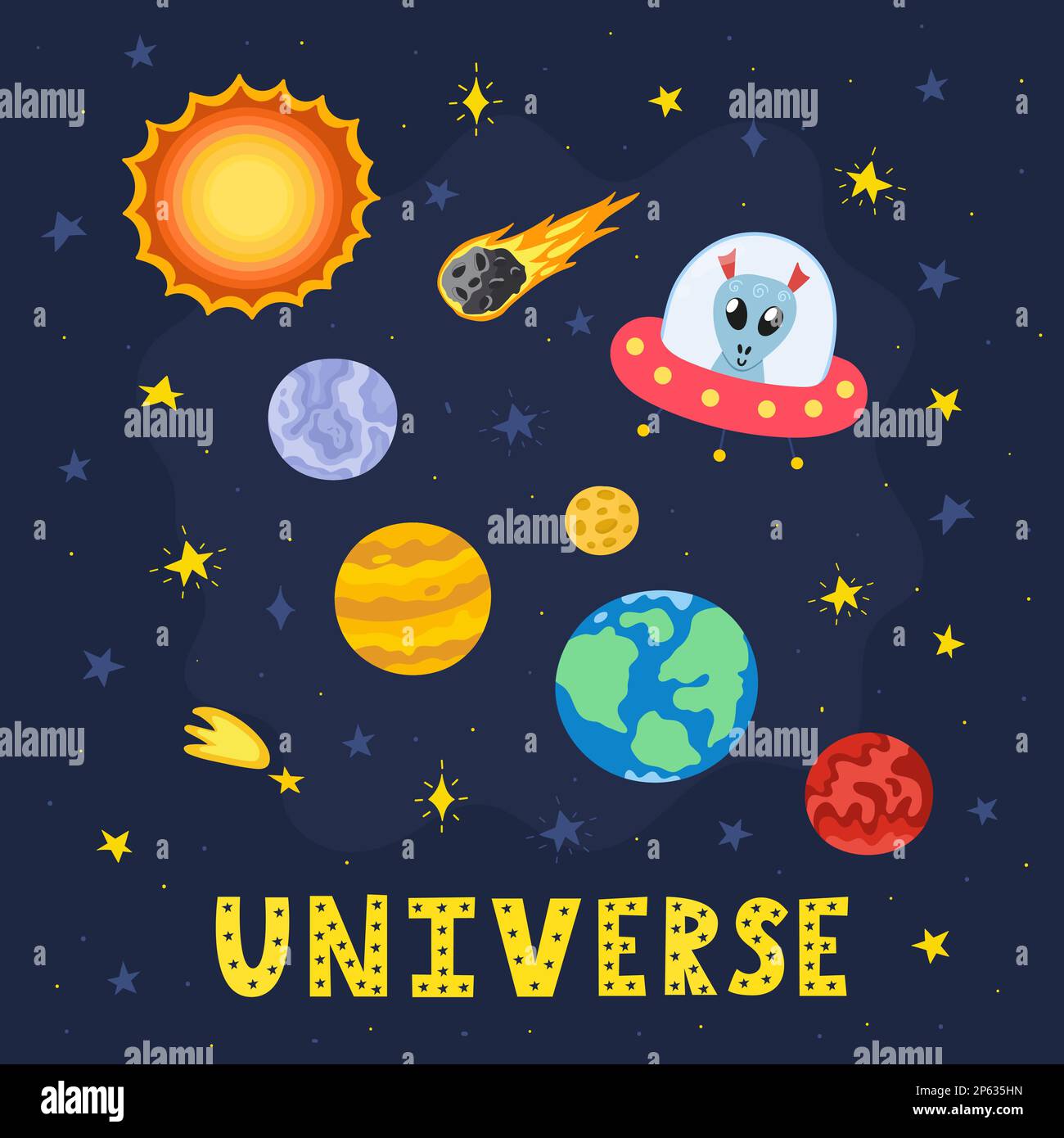 Universe print with Solar System Space card in cartoon style