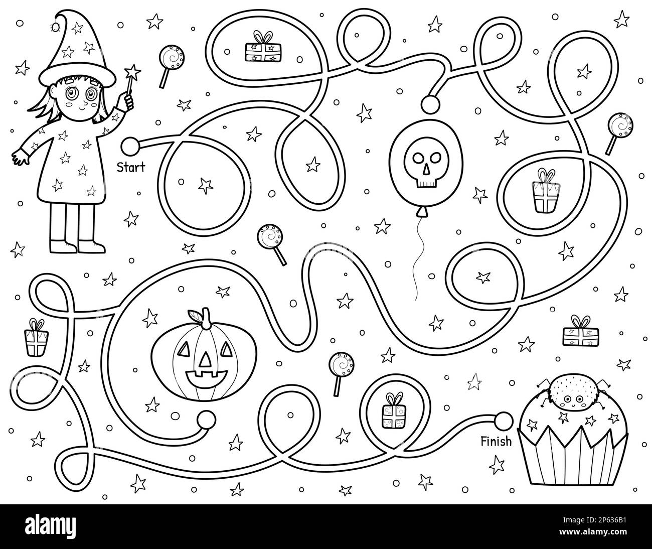 Help the cute witch find path to the cupcake. Black and white Halloween maze Stock Vector