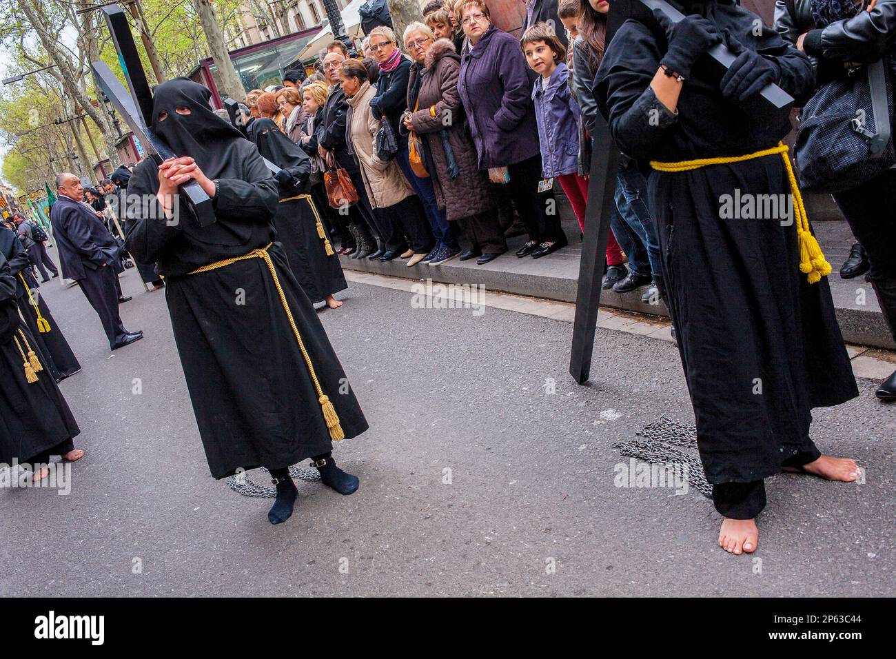 Hooded penitents  in procession, sisterhood of JesÃƒÂºs del Gran Poder y virgen de la Macarena,Good Friday, Easter week,La Rambla,Barcelona, Catalonia Stock Photo