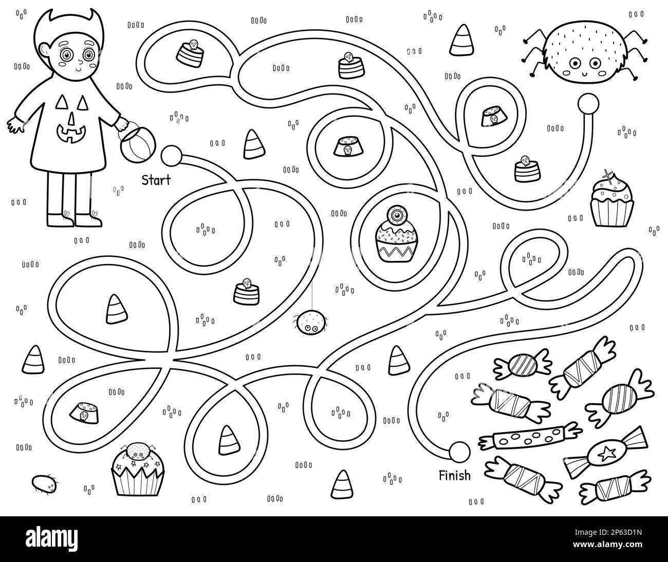 Black and white maze game for kids. Help a cute boy in devil costume find path to the sweets Stock Vector