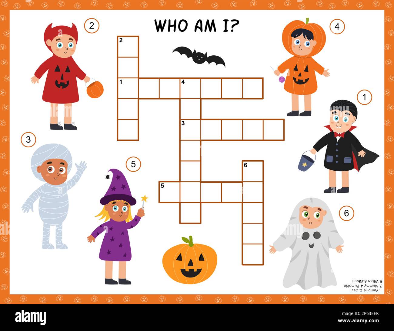 Halloween crossword with cute kids in costumes of pumpkin, devil, vampire, witch, ghost and mummy Stock Vector