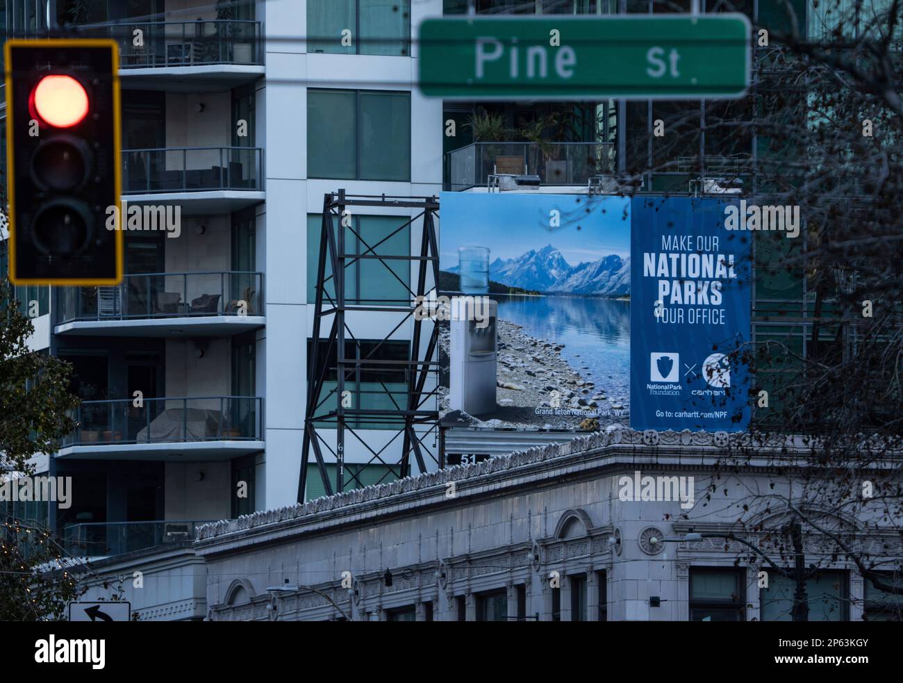 IMAGE DISTRIBUTED FOR CARHARTT - Carhartt launches Outdoor Office billboard  on 4th Avenue pictured on Feb. 24, 2023 in Seattle, Washington. The  billboard spotlights Service Corps job opportunities that protect national  parks