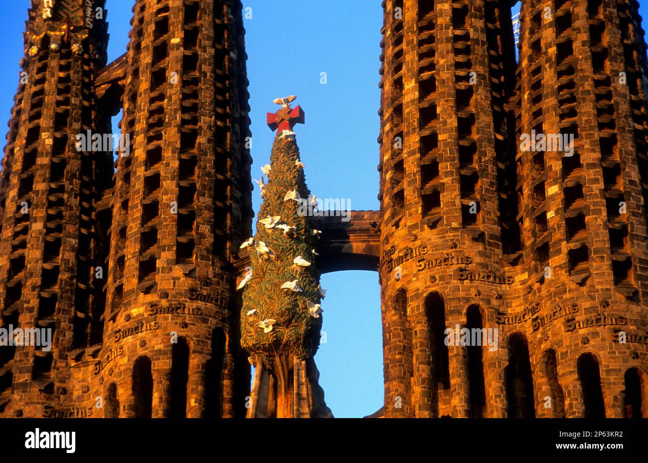 Barcelona La Sagrada Familia. Detail of the belltowers of the