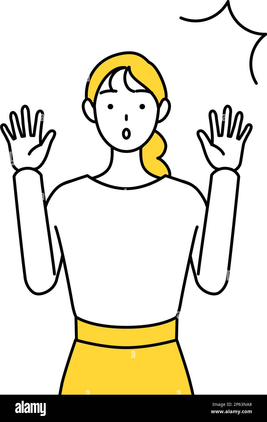 A casually dressed young woman raising her hand in surprise, Vector