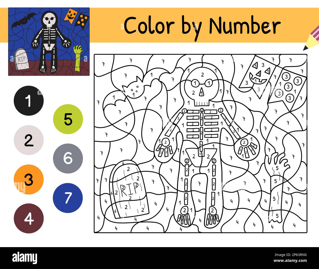Halloween color by number game for kids with a skeleton spooky