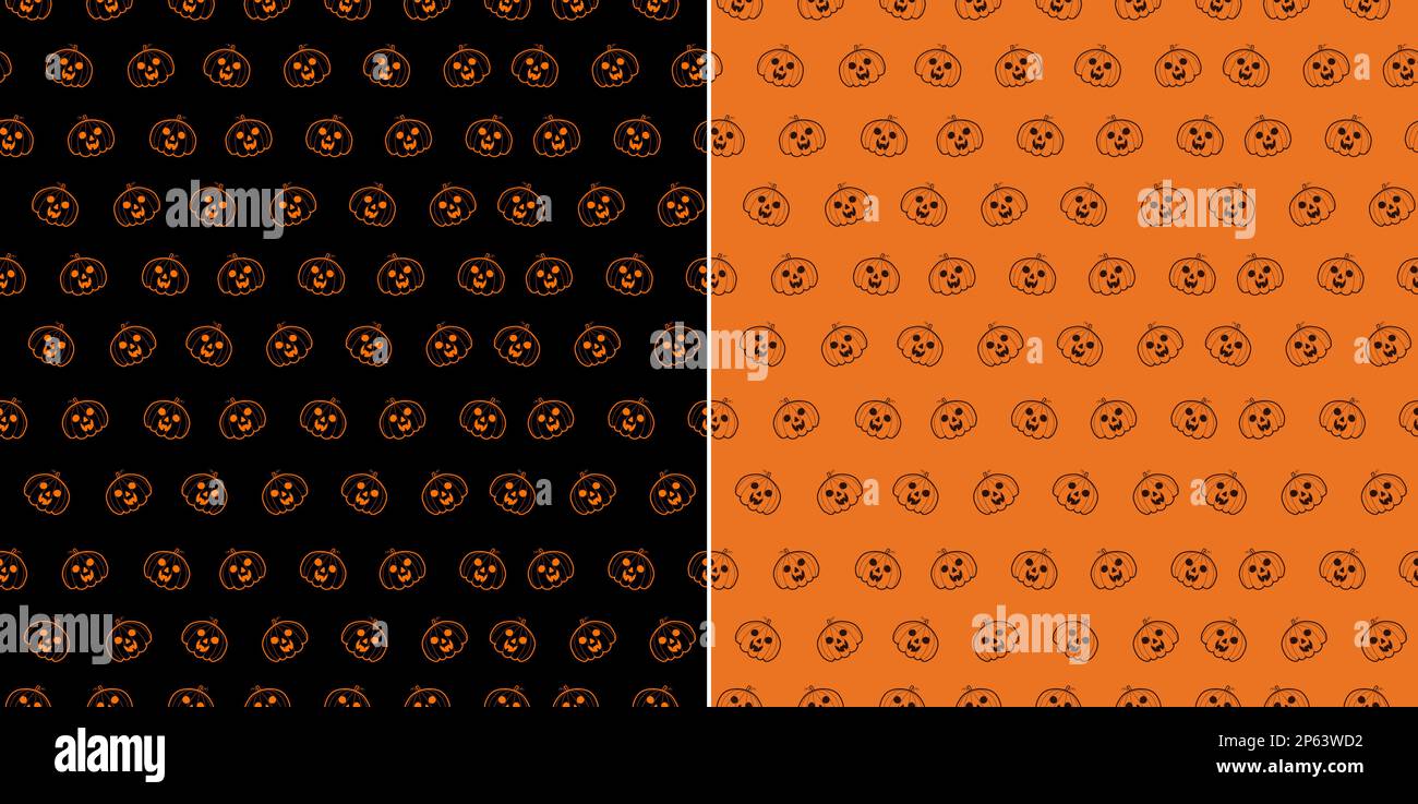 Halloween seamless patterns set with cute pumpkin. Doodle background Stock Vector