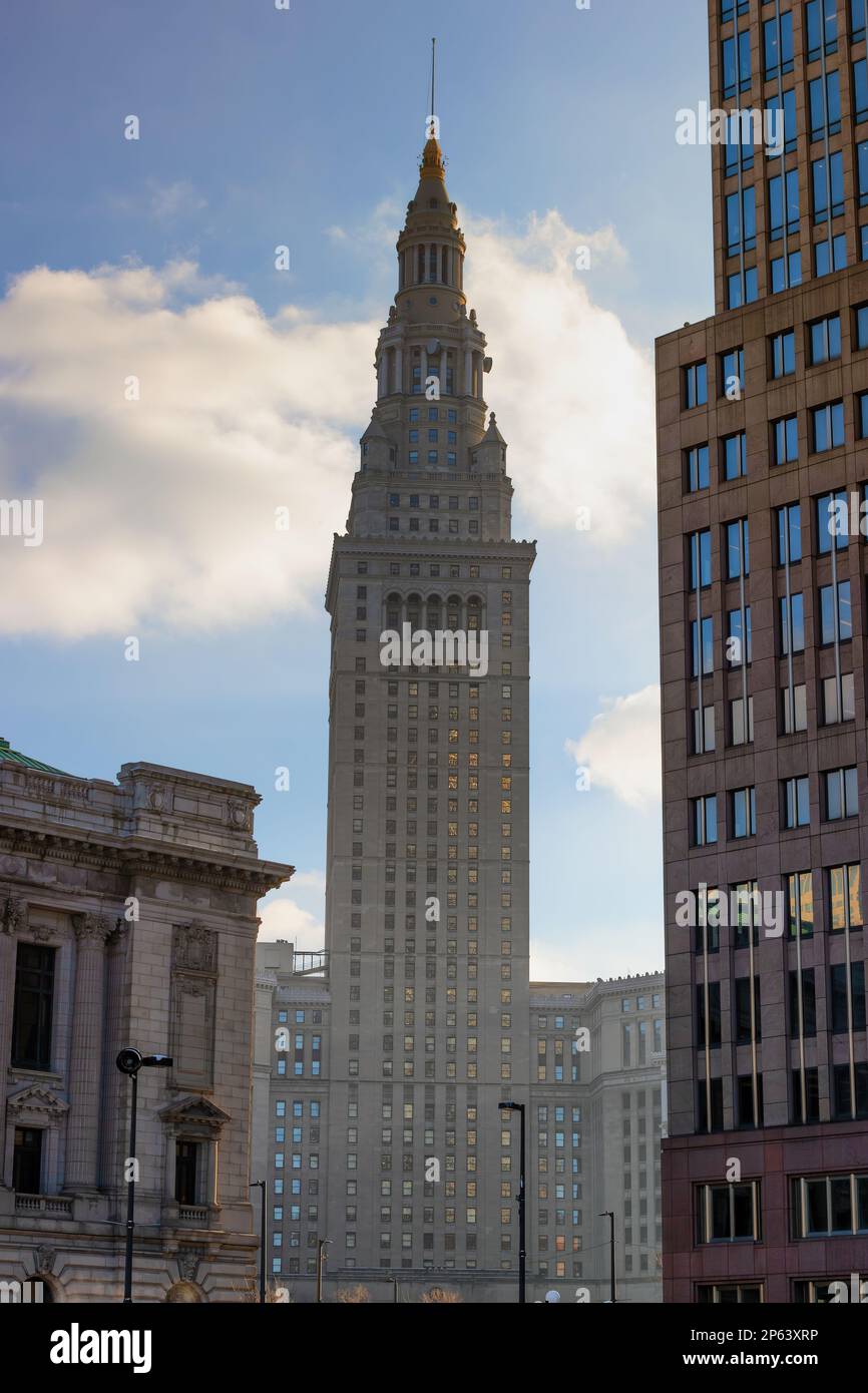 A section of downtown Cleveland, Ohio, skyline from Veterans' Memorial Plaza. Stock Photo
