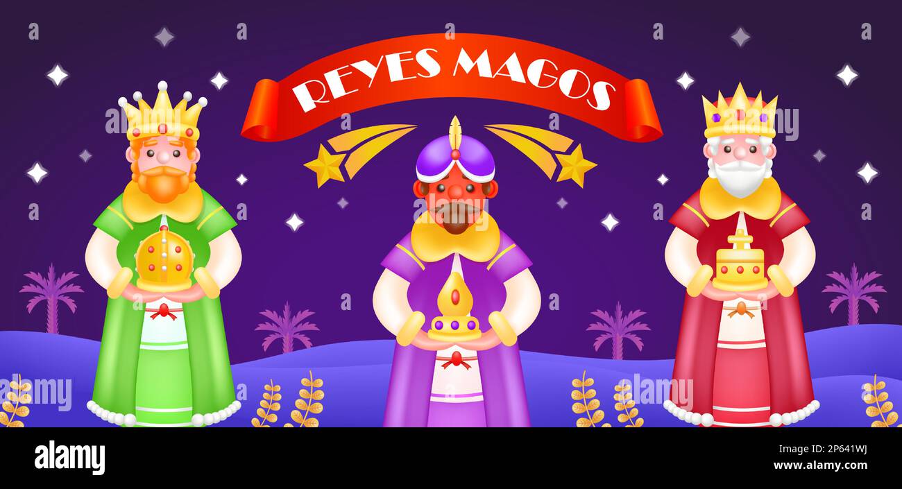 Reyes Magos. 3d illustration of three priests holding gifts, with shooting stars in the background Stock Vector