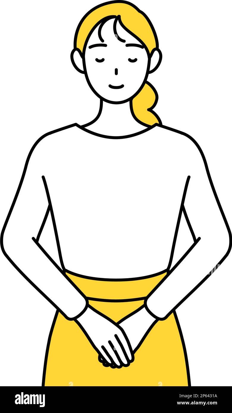 A casually dressed young woman bowing with folded hands, Vector ...