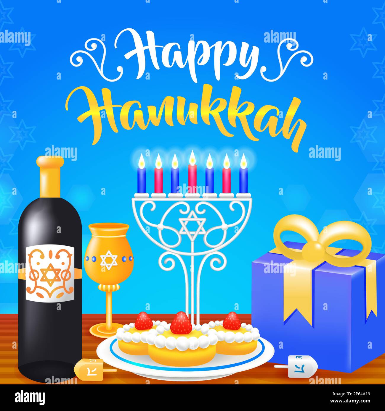 Happy Hanukkah, 3d illustration of candle holder with food Stock Vector