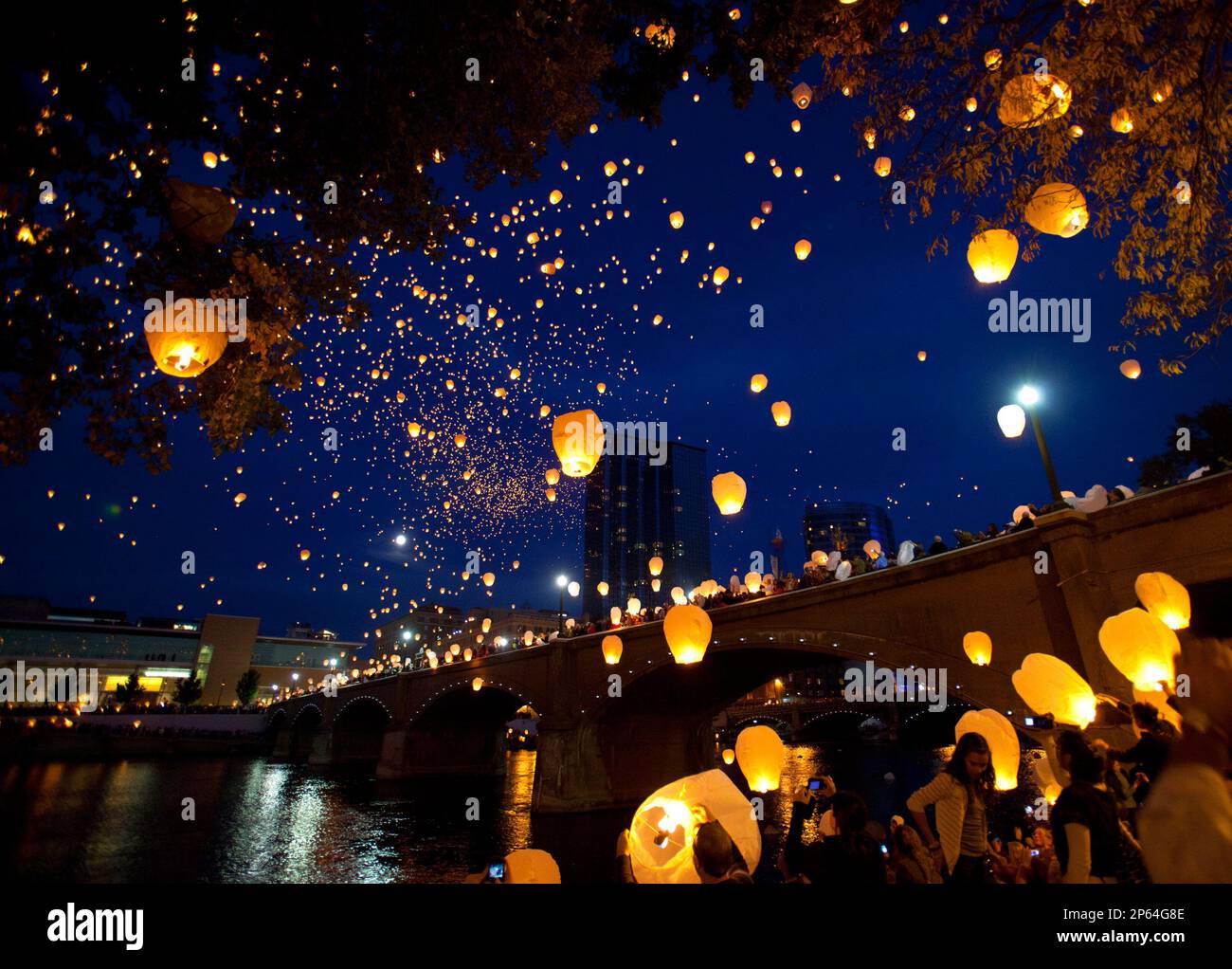 Sky lanterns fill the sky in downtown Grand Rapids as part of "Lights