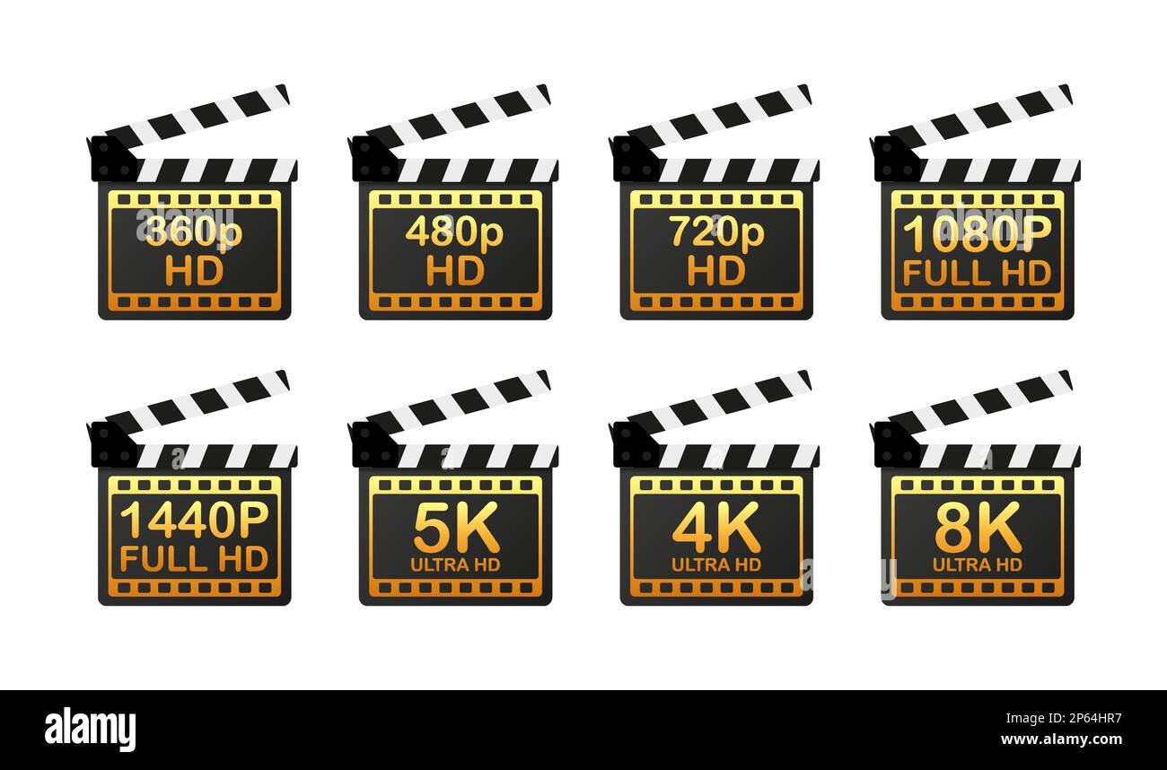 Video and TV Size Resolution sd, hd, Ultra Hd, 4k, 8k. Screen display resolution. Stock Vector