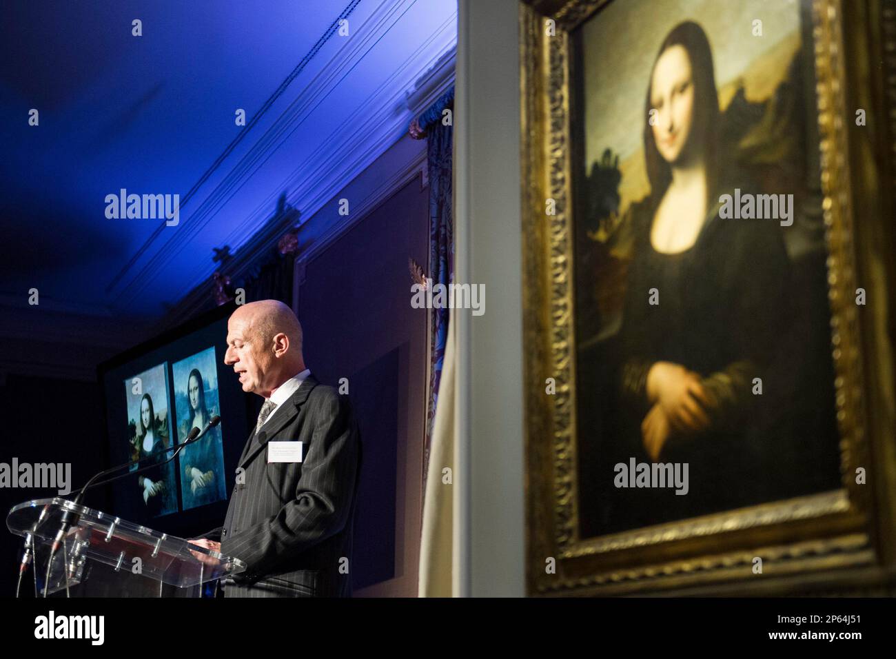 Professor Alessandro Vezzosi, director of the "Museo Ideale Leonardo da  Vinci", Vinci, Italy, speaks about a painting attributed to Leonardo da  Vinci representing Mona Lisa, displayed during a presentation in Geneva,  Switzerland,